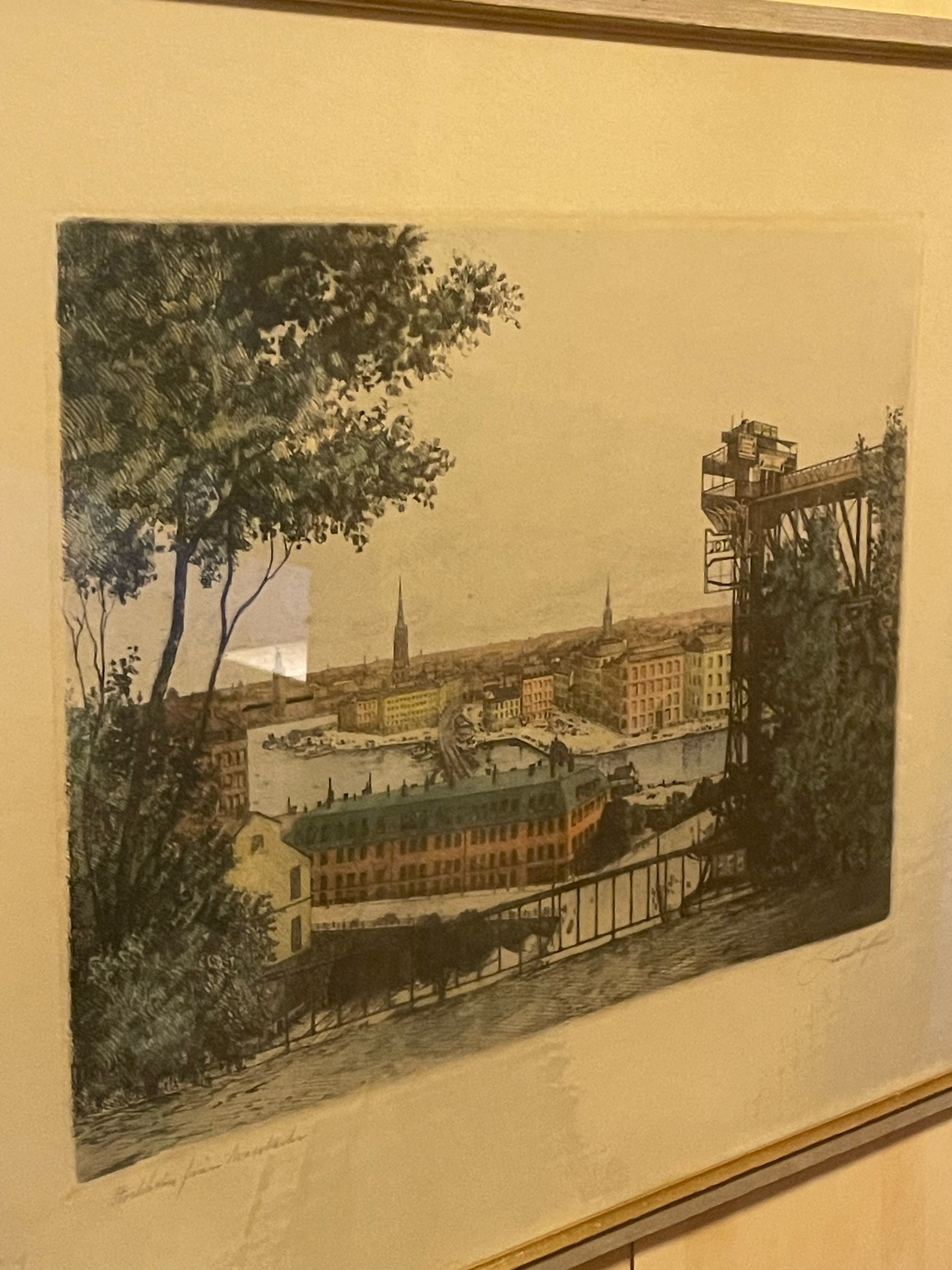 En vacker colorerad etsning utav konstnären Jean Fredrik Theodor Skoglund. Det gamla Stockholm, Mosebacke på söder. Tavlan är signerad.
