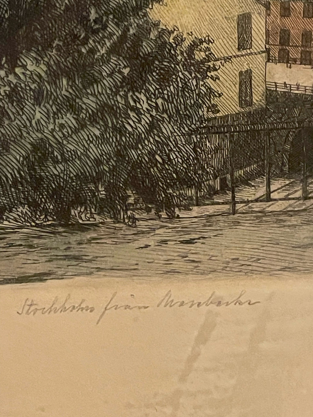 En vacker colorerad etsning utav konstnären Jean Fredrik Theodor Skoglund. Det gamla Stockholm, Mosebacke på söder. Tavlan är signerad.
