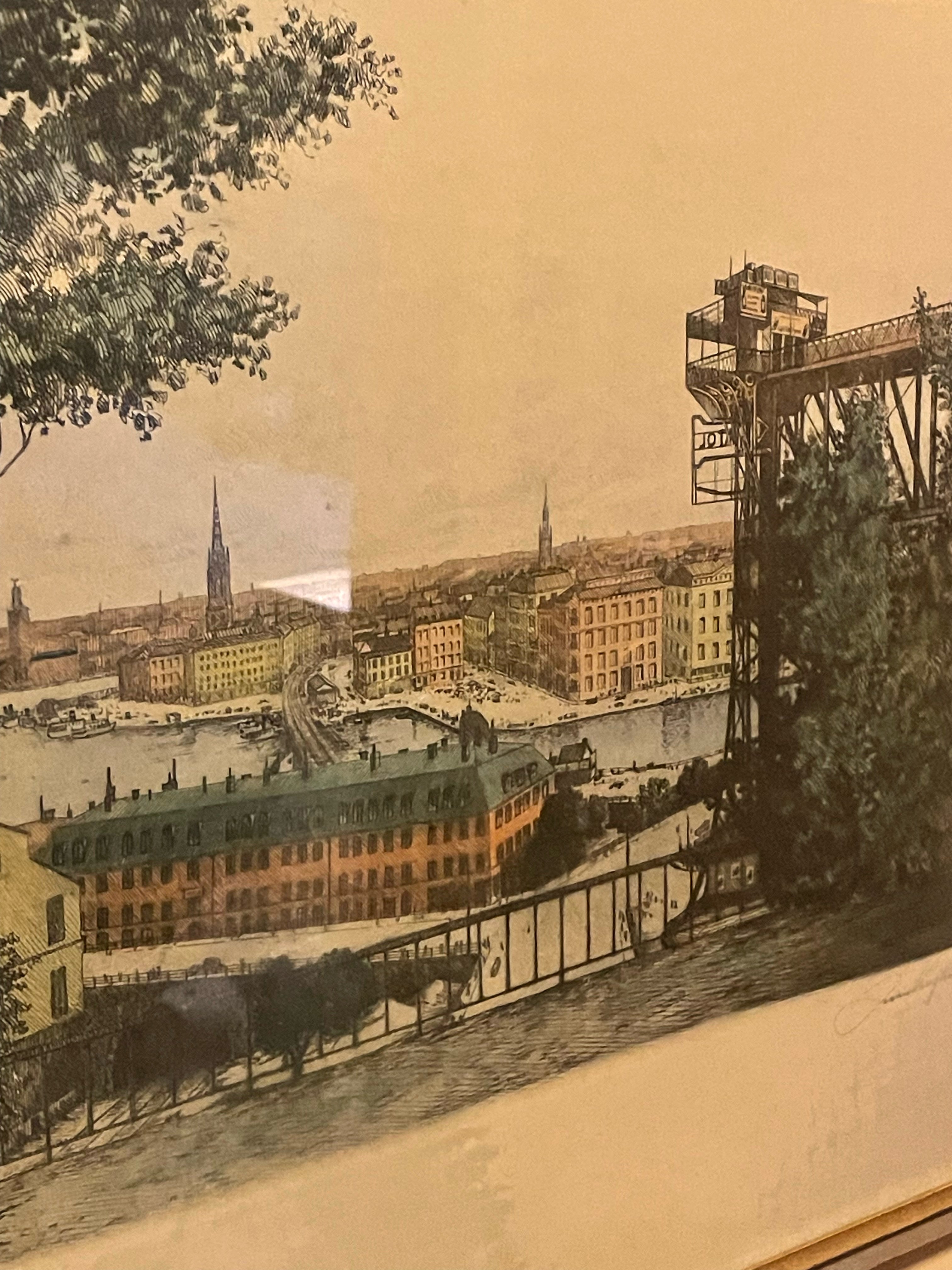 En vacker colorerad etsning utav konstnären Jean Fredrik Theodor Skoglund. Det gamla Stockholm, Mosebacke på söder. Tavlan är signerad.