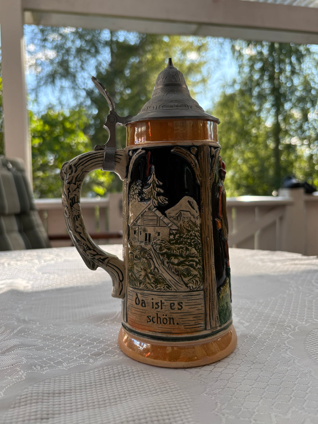 Tre st vackra vintage Tyska ölkrus i keramik med tennlock 1960 tal.