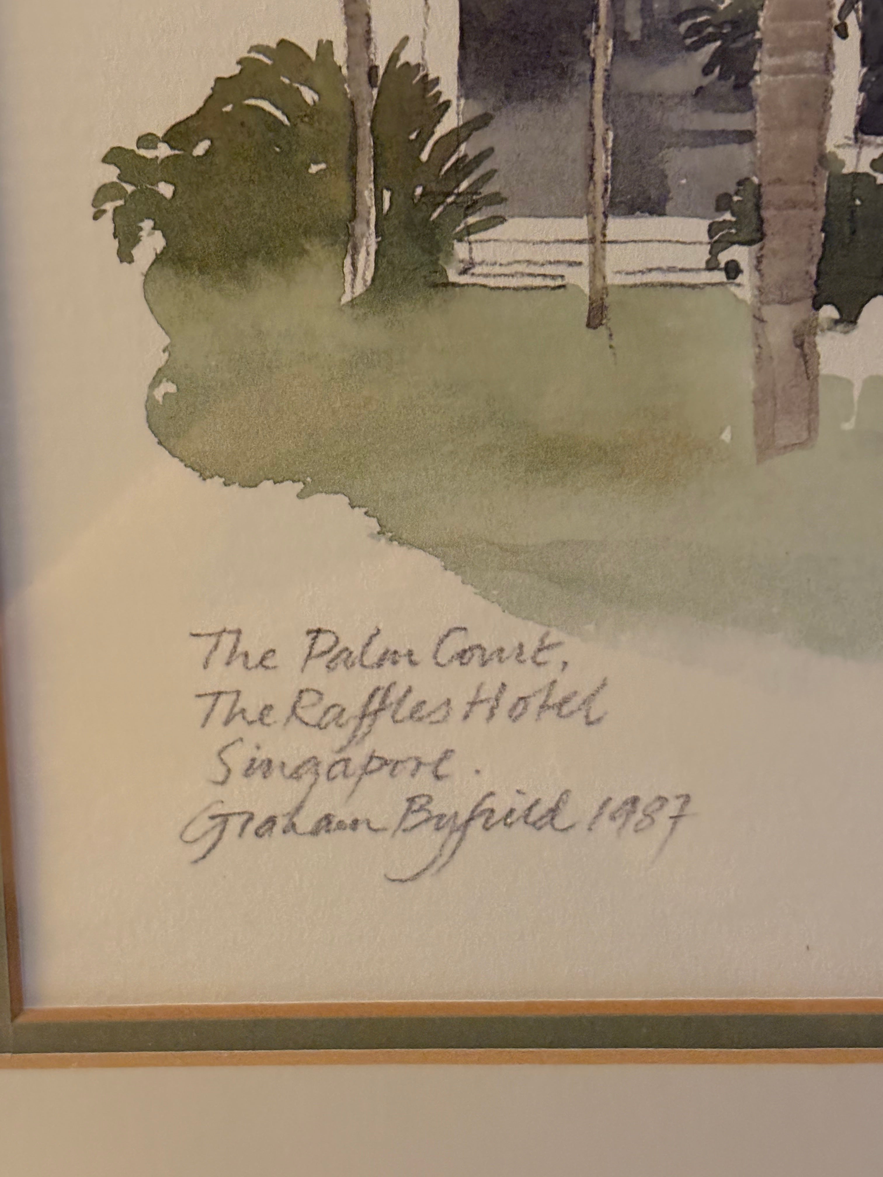 Vacker retro litografi utav konstnären Graham Byfield. The Palm Court, The Raffles Hotel Singapore 1987, Nr 38/500.