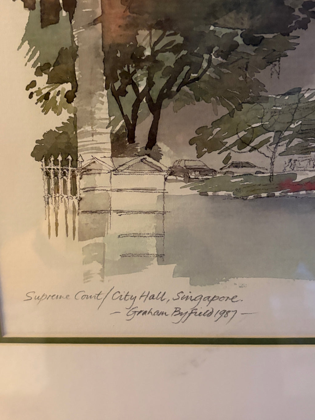 Vacker retro litografi utav konstnären Graham Byfield. Supreme Court , City Hall in Singapore 1987, Nr 166/500.