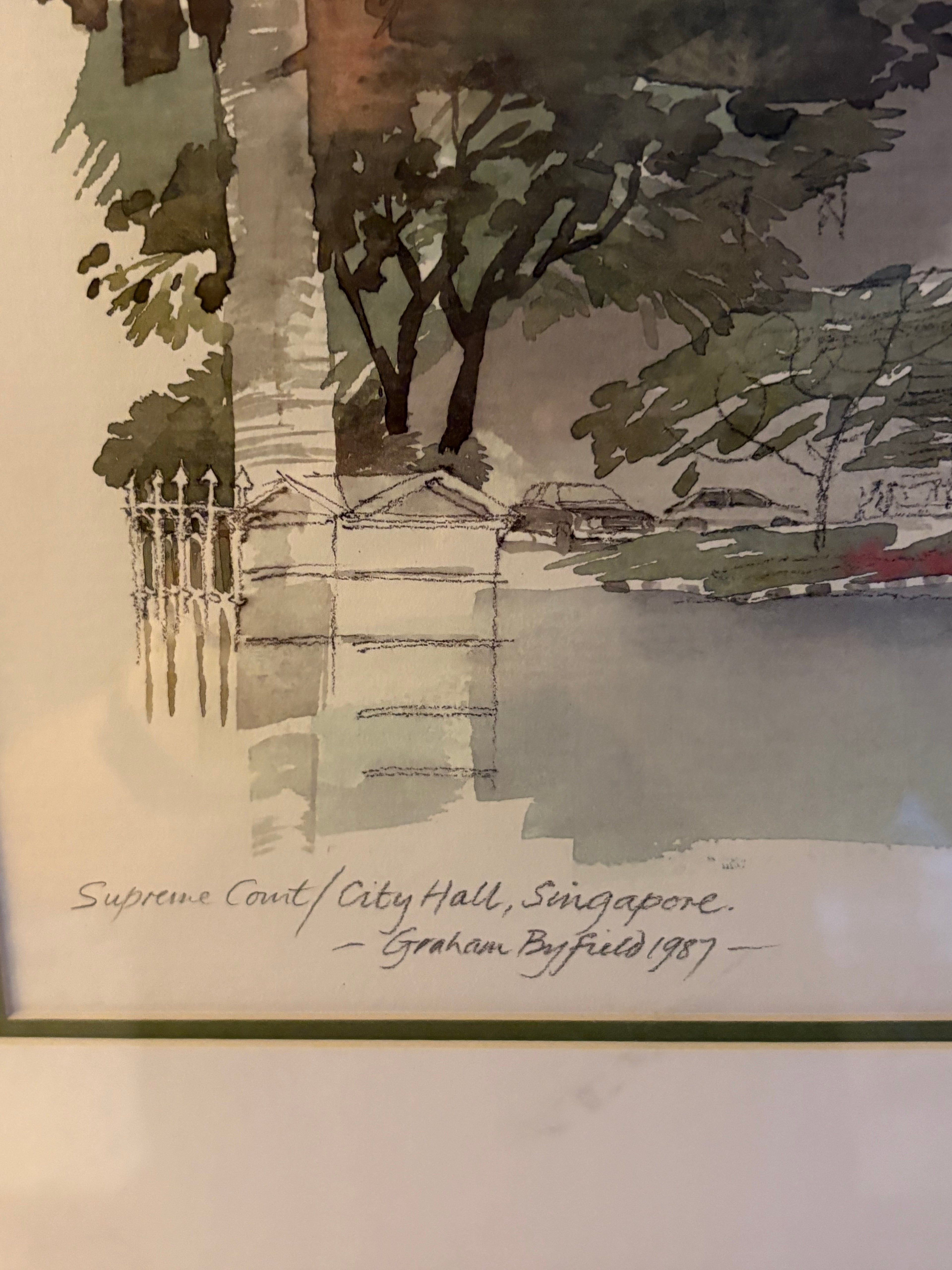 Vacker retro litografi utav konstnären Graham Byfield. Supreme Court , City Hall in Singapore 1987, Nr 166/500.