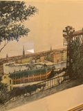 En vacker colorerad etsning utav konstnären Jean Fredrik Theodor Skoglund. Det gamla Stockholm, Mosebacke på söder. Tavlan är signerad.