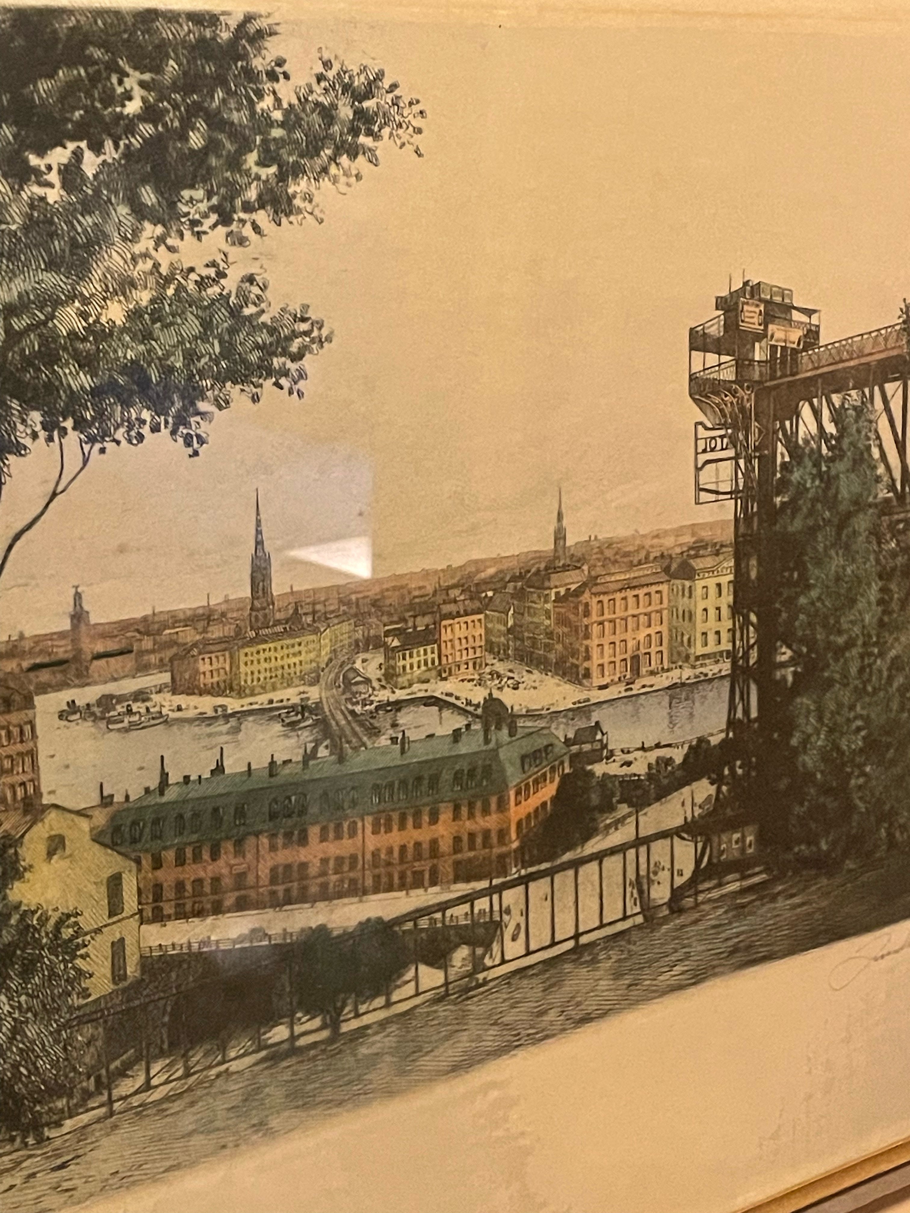 En vacker colorerad etsning utav konstnären Jean Fredrik Theodor Skoglund. Det gamla Stockholm, Mosebacke på söder. Tavlan är signerad.