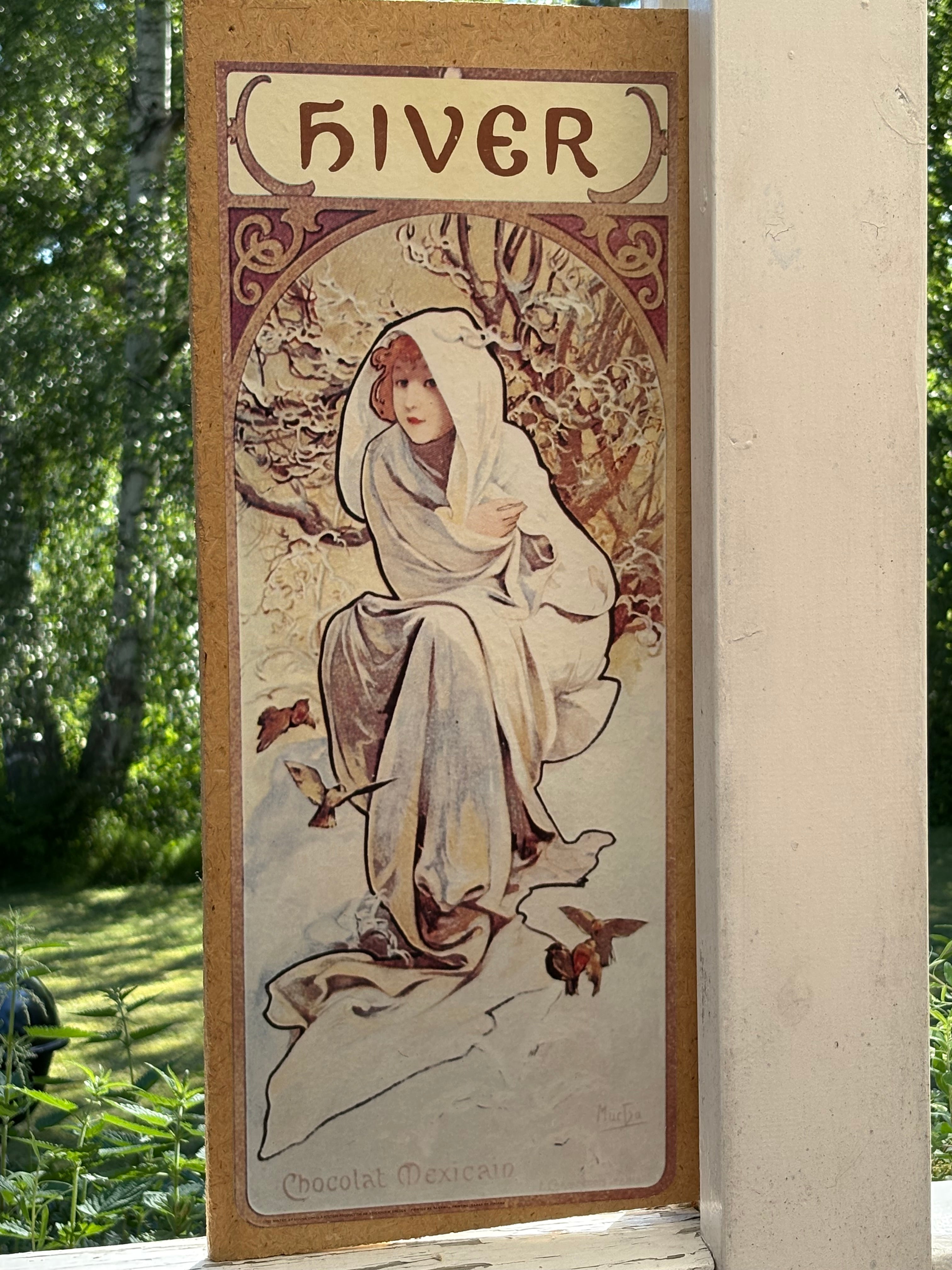 Vackra årstids tavlor ( tryck) original konstnär Alphons Mucha. Tryckt bild monterad på trä.