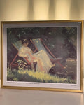 Vacker reproduktion utav P.S Kröyers tavla av sin fru Marie Kröyer sittandes i en havestol i Skagen 1893.