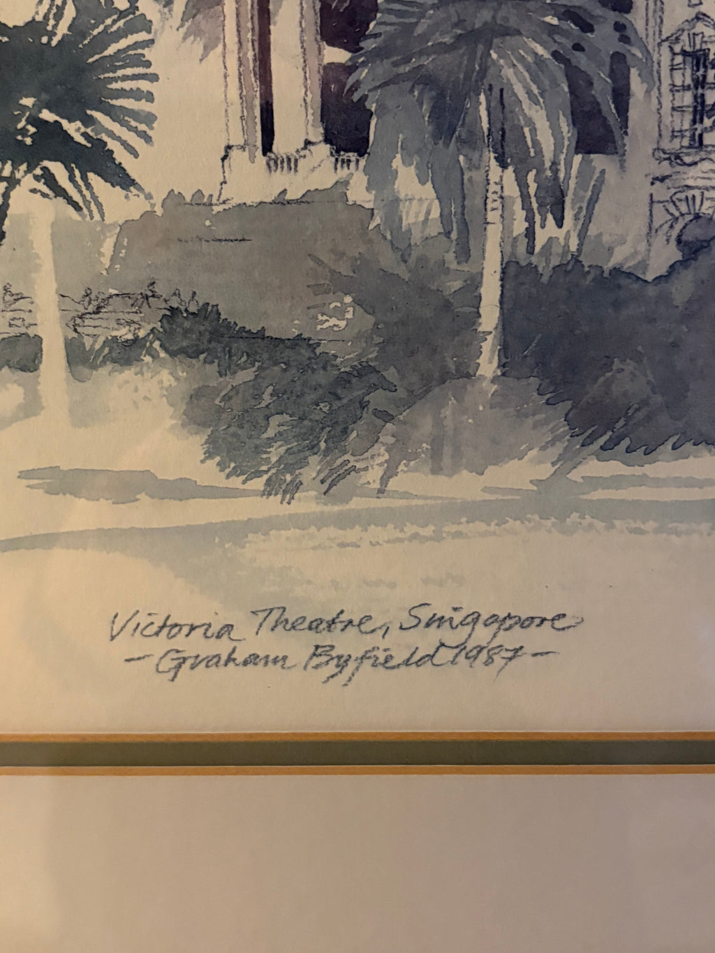 Vacker retro litografi utav konstnären Graham Byfield. Victoria Theatre Singapore 1987, Nr 143/500.