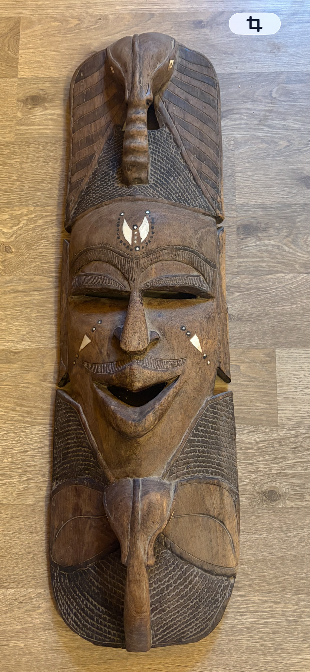 Autentisk trä ansiktsmask med tydlig centralafrikansk / Kongolesisk stil. Songye Kifwebe alt Luba inköpt i Kongo.