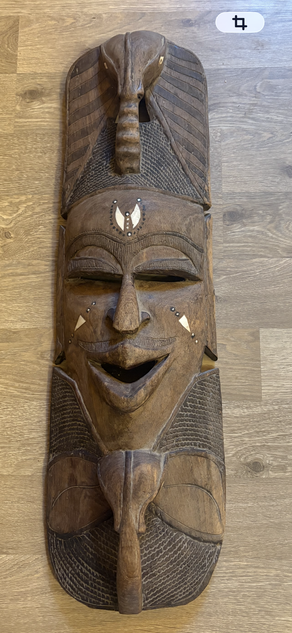 Autentisk trä ansiktsmask med tydlig centralafrikansk / Kongolesisk stil. Songye Kifwebe alt Luba inköpt i Kongo.