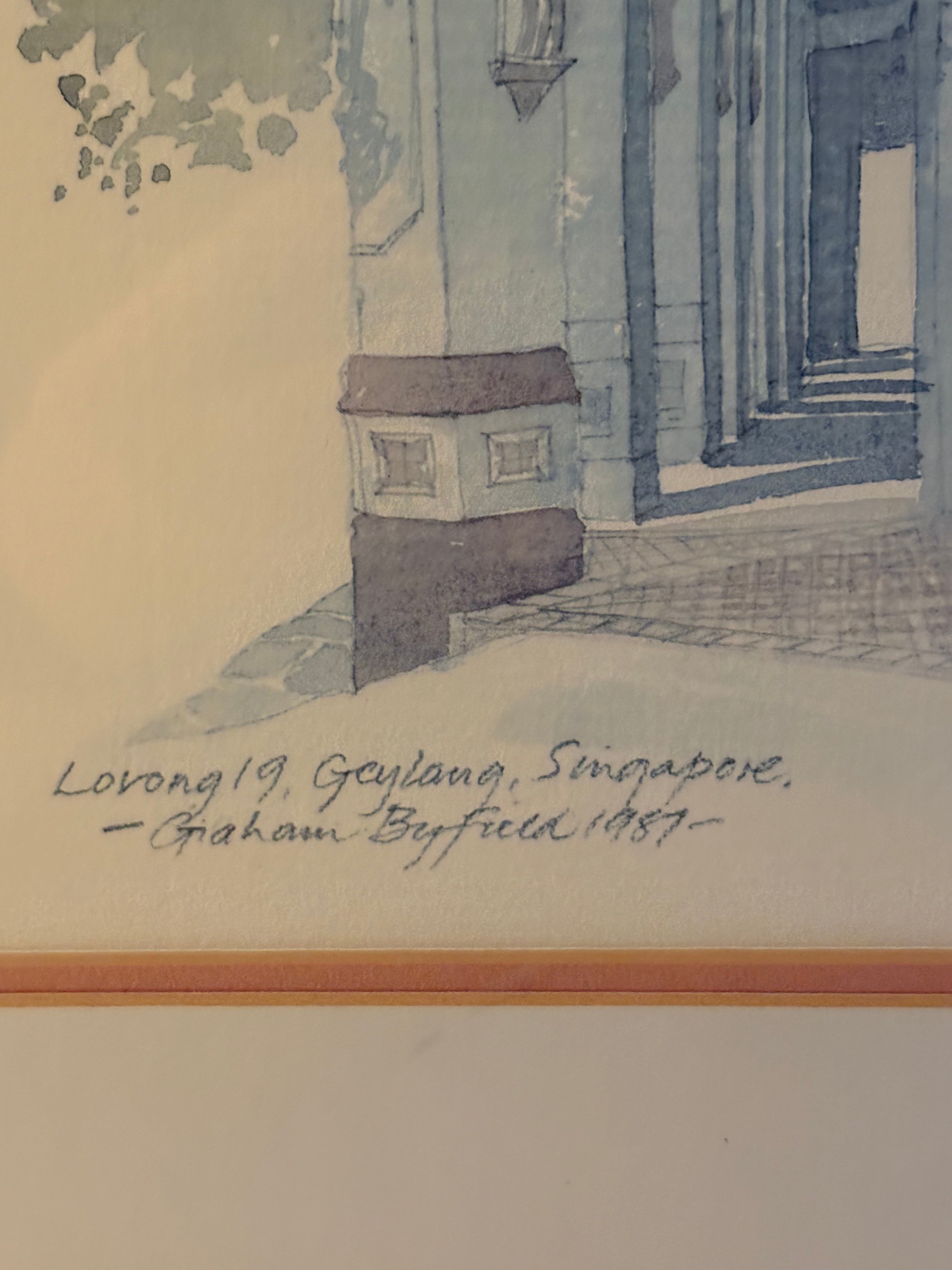Vacker retro litografi utav konstnären Graham Byfield. Lovong 19 Gaylang Singapore 1987, Nr 222/500.