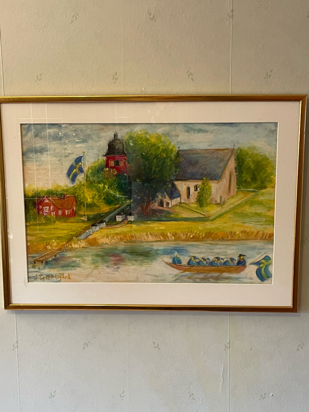 Vacker vintage tavla med fin ram i metall. Tavlan är signerad.