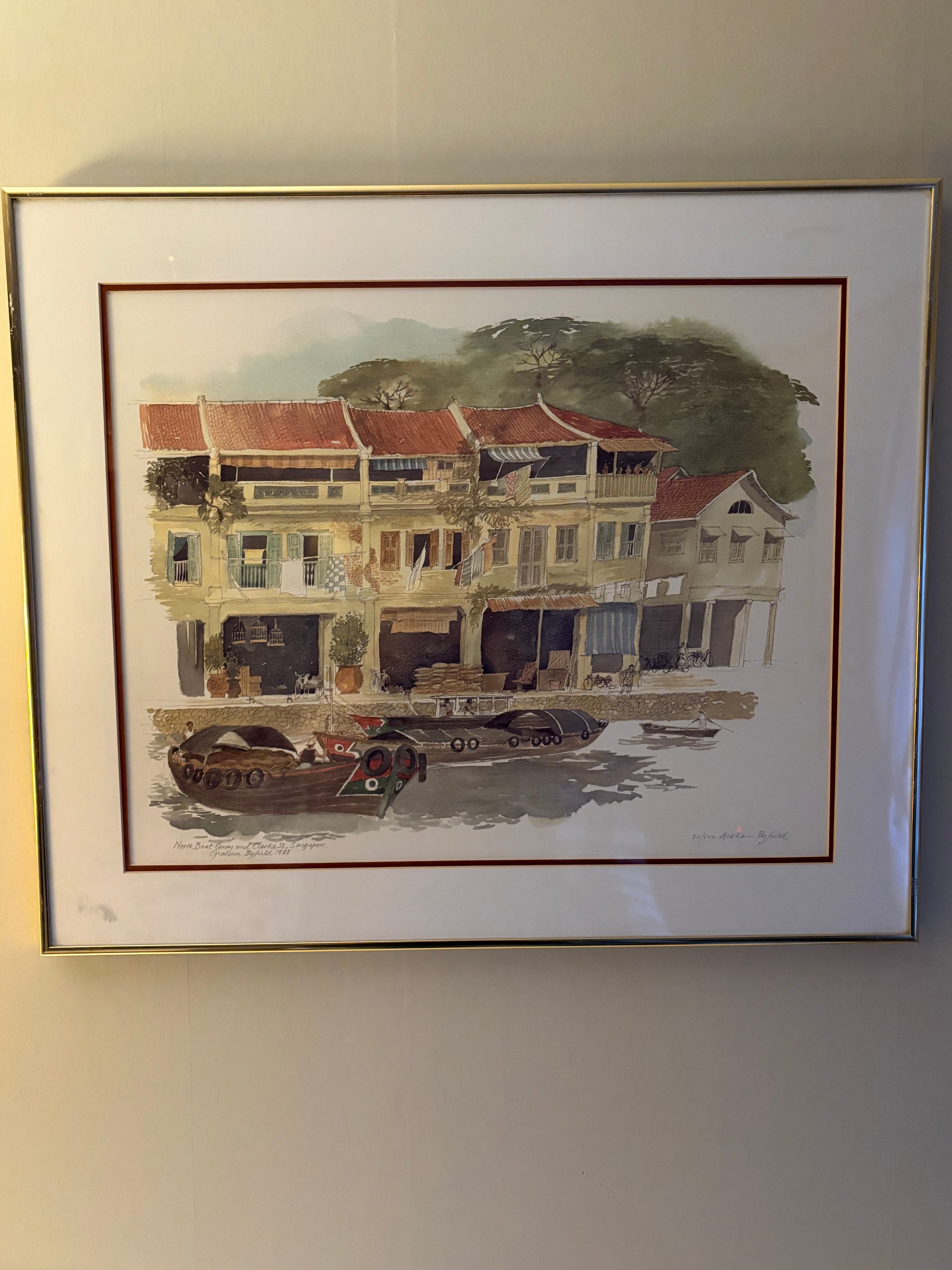 Stor samling utav Graham Byfield litografier. Nio st vackra skildringar och miljöer från Singapore.