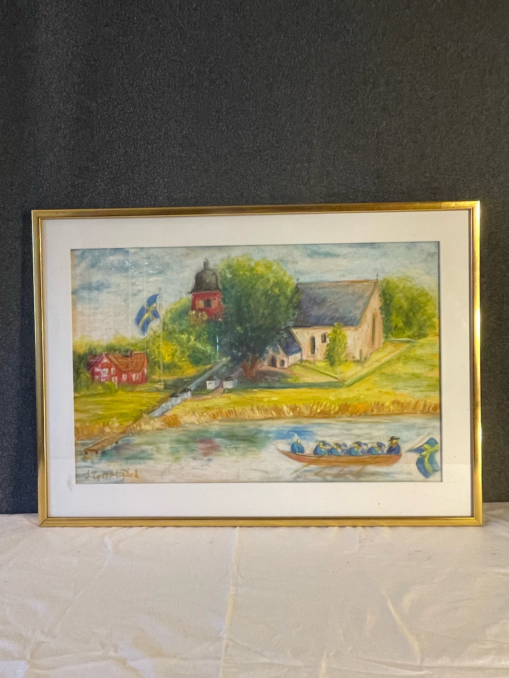 Vacker vintage tavla med fin ram i metall. Tavlan är signerad.