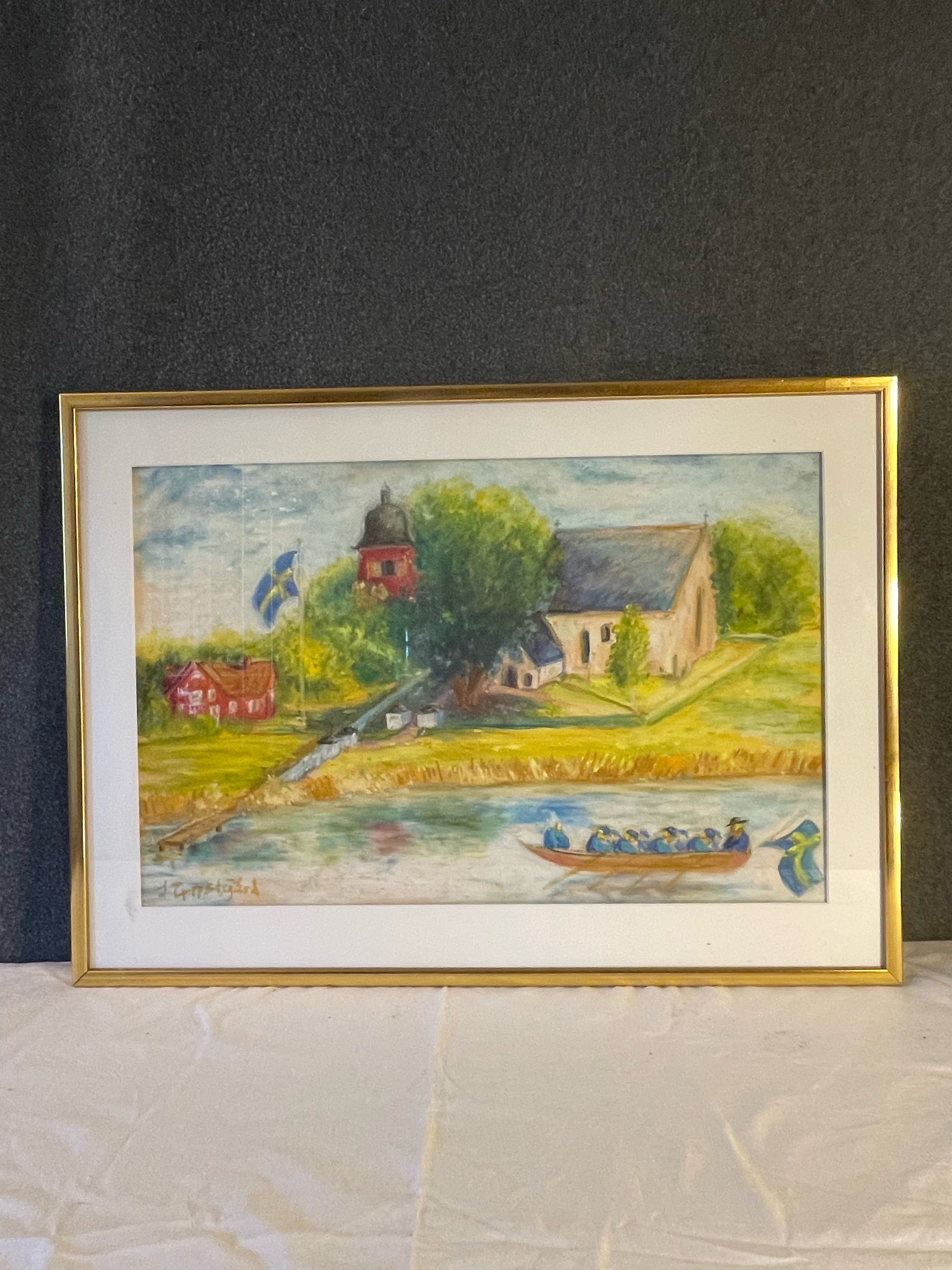 Vacker vintage tavla med fin ram i metall. Tavlan är signerad.