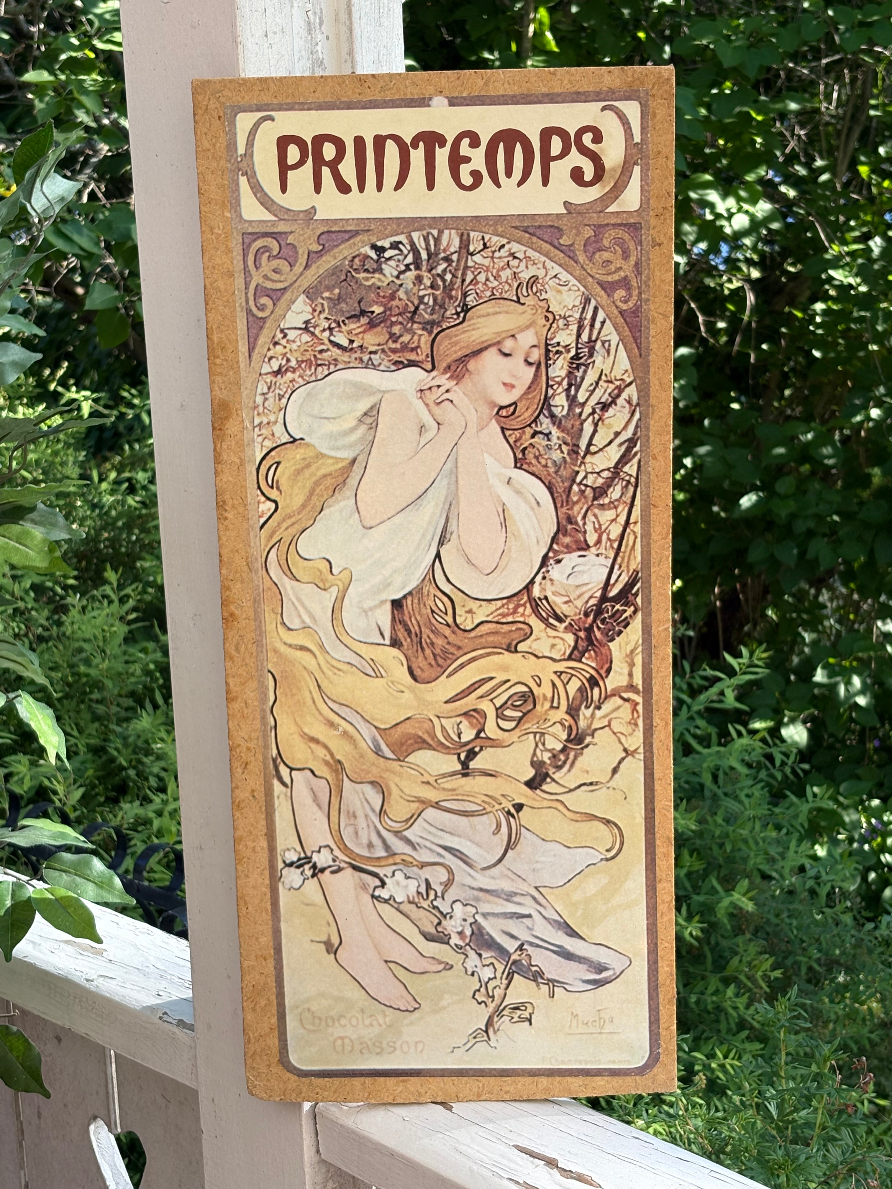 Vackra årstids tavlor ( tryck) original konstnär Alphons Mucha. Tryckt bild monterad på trä.