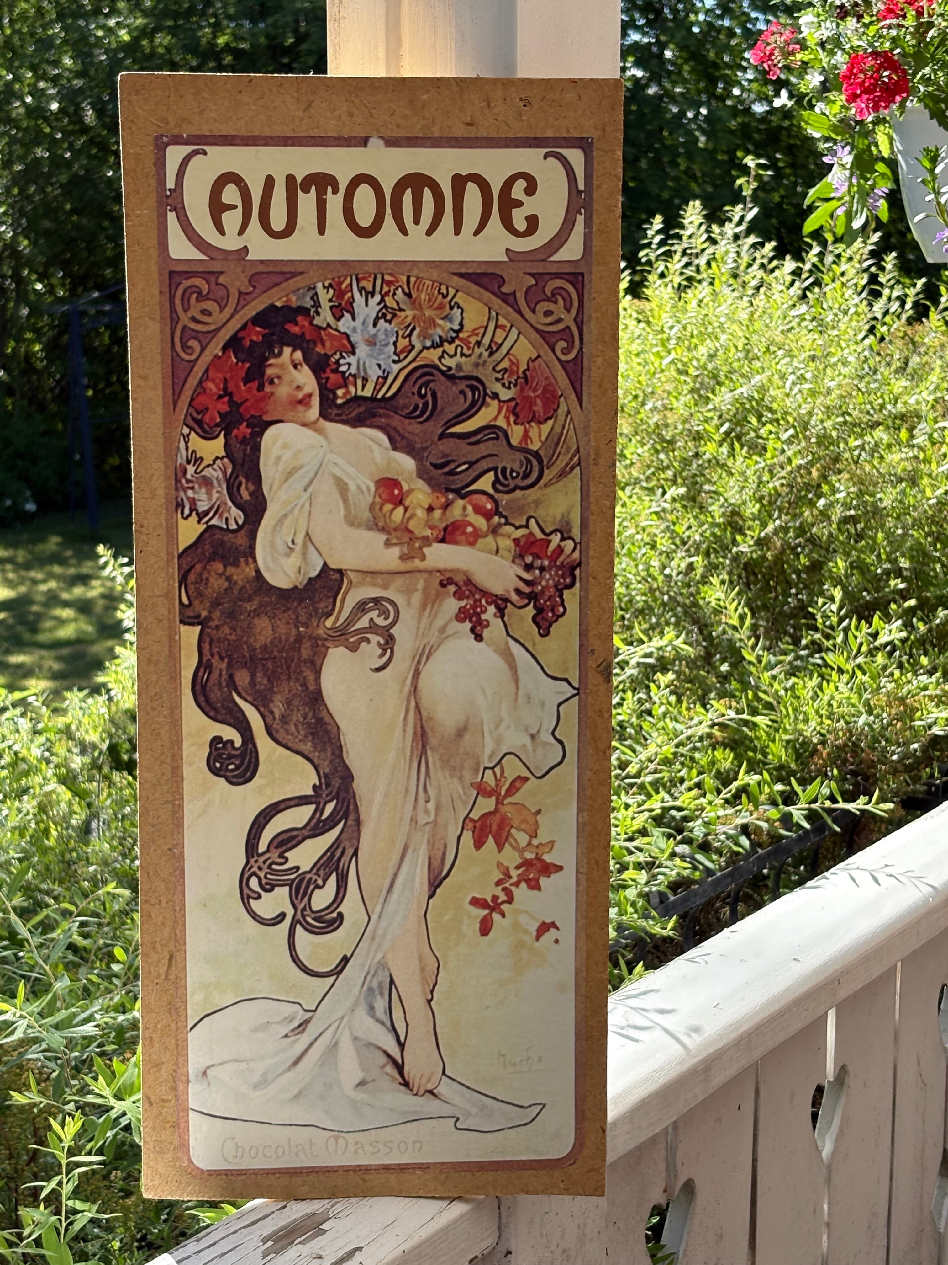 Vackra årstids tavlor ( tryck) original konstnär Alphons Mucha. Tryckt bild monterad på trä.